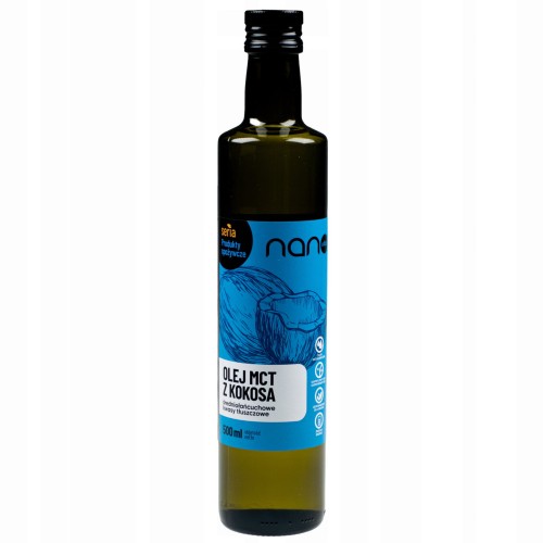 Olej MCT C8 i C10 z kokosa 500 ml, do diety keto, na energię i zdrowe tłuszcze, widoczna butelka.