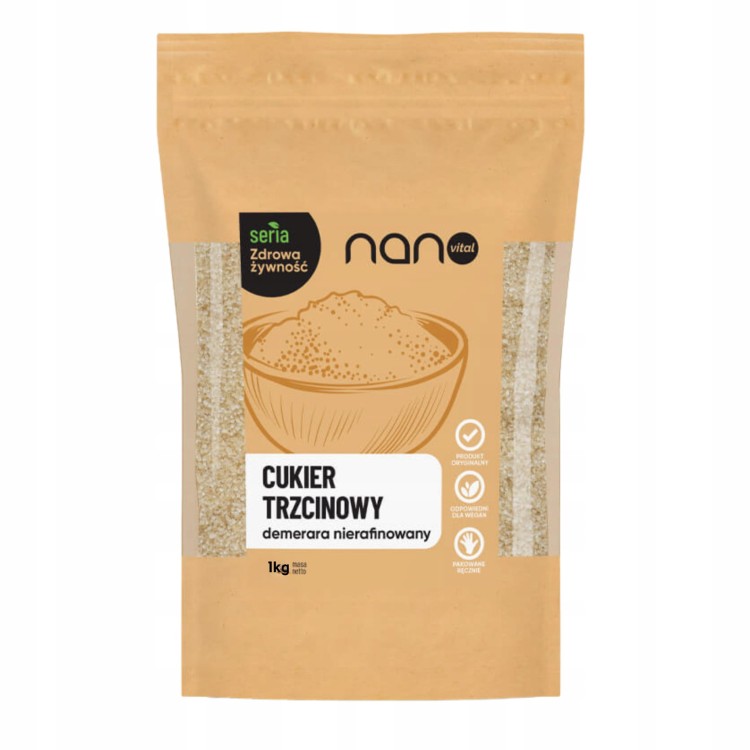 Worek 1 kg nierafinowanego cukru trzcinowego Demerara o głębokim, karmelowym aromacie i barwie.
