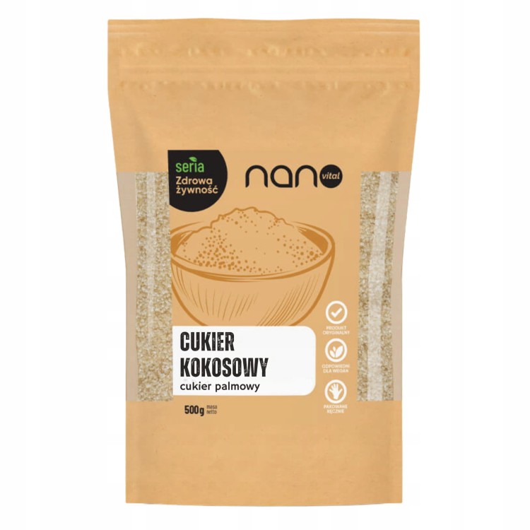 Naturalny cukier kokosowy 500g, nierafinowany cukier palmowy, widoczny woreczek Doypack.