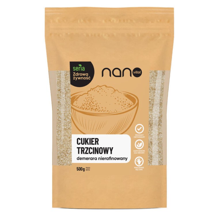 Naturalny cukier trzcinowy Demerara 500 g, złociste grube kryształy w woreczku.
