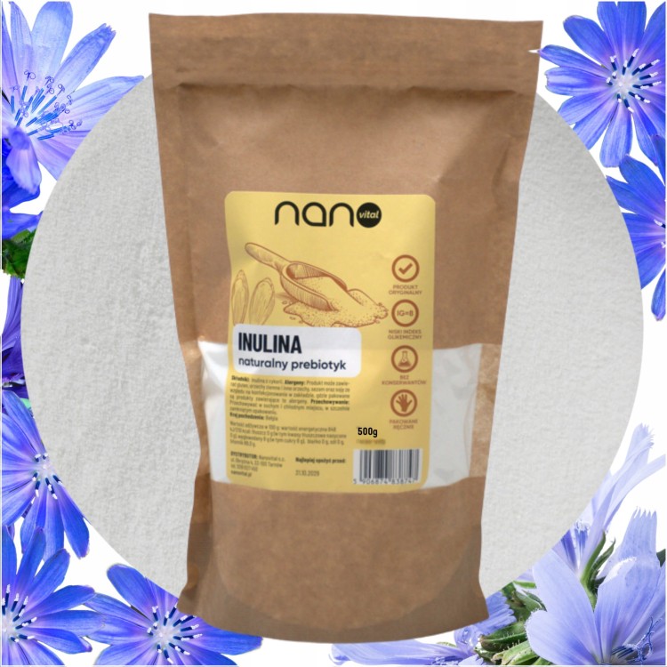 Naturalna inulina 500 g w proszku, zdrowy prebiotyk i błonnik w poręcznym opakowaniu.