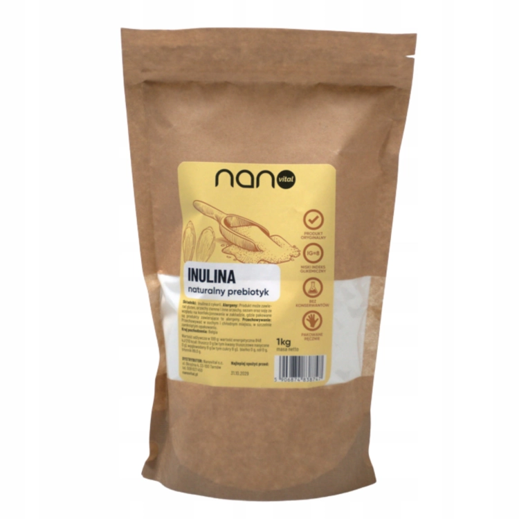 Biały proszek inuliny w woreczku 500 g, naturalny zamiennik cukru wspomagający trawienie.
