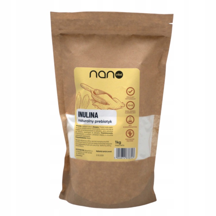 Biały proszek inuliny w woreczku 1 kg, naturalny błonnik wspomagający układ pokarmowy.