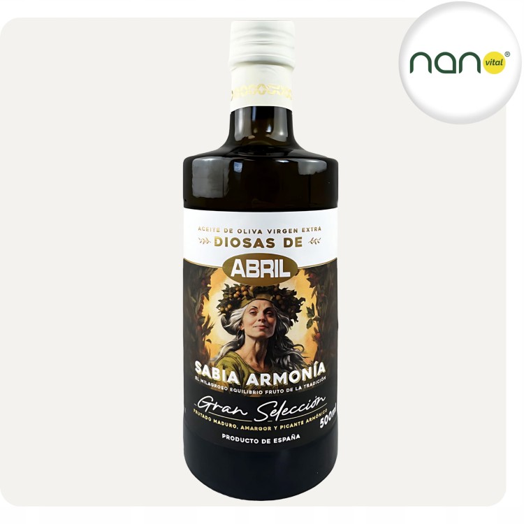 Hiszpańska oliwa extra virgin Gran Selection Diosas De Abril 500 ml, elegancka butelka.