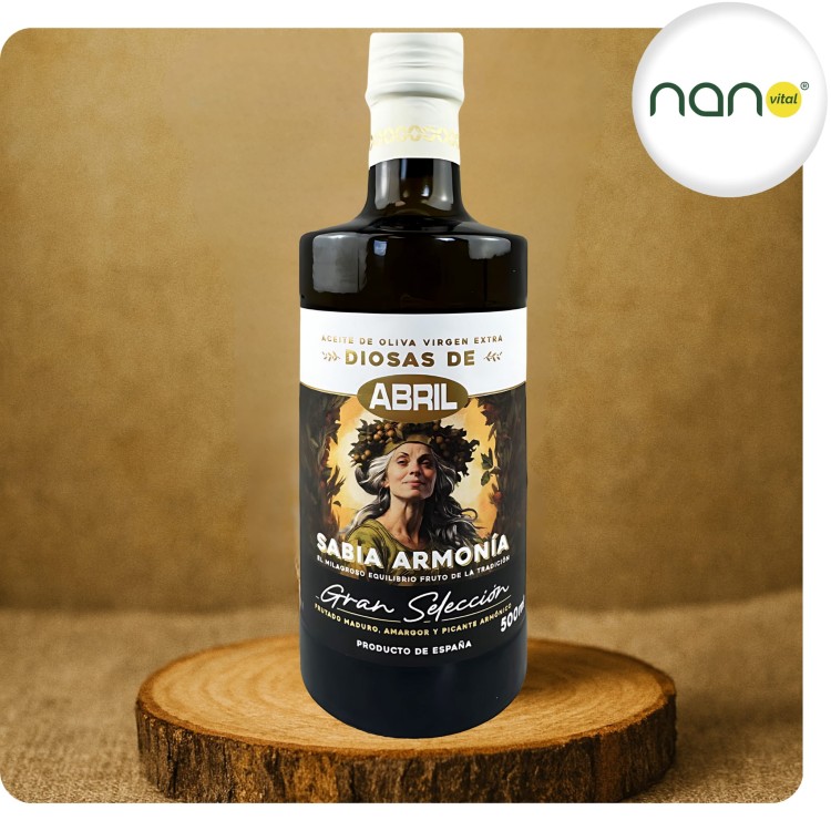 Butelka 500 ml oliwy Gran Selection marki Diosas De Abril Sabia, najwyższa kategoria oliwy z oliwek.