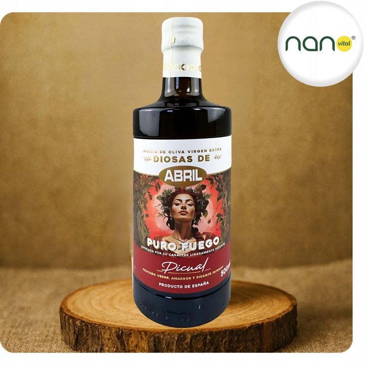 Butelka premium 500 ml oliwy Extra Virgin Picual, o wyrazistym charakterze i głębokim aromacie marki Diosas De Abril.
