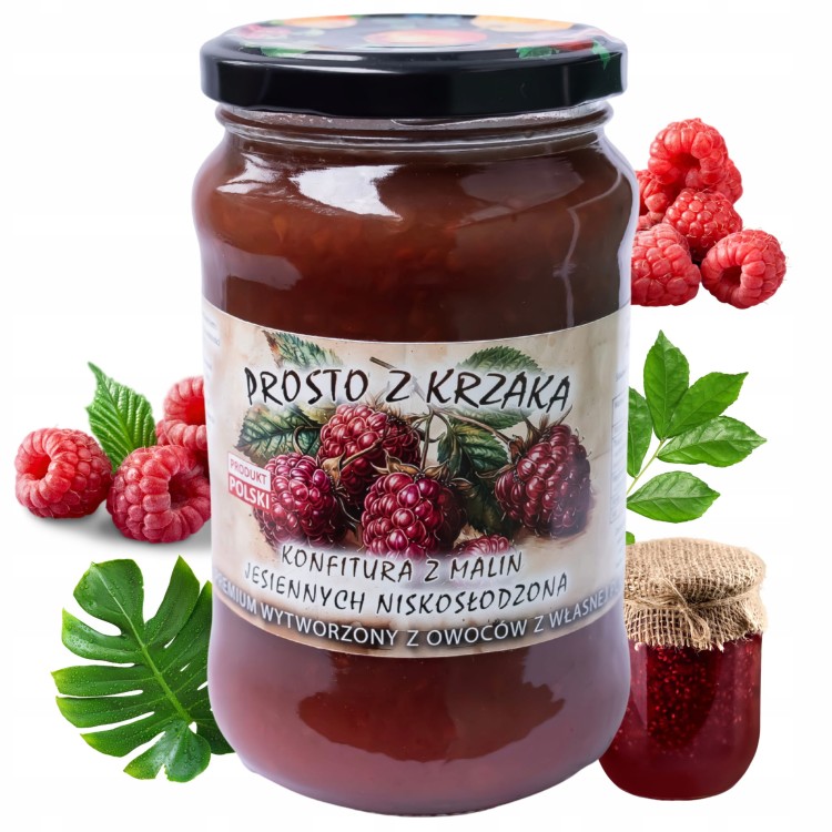 Opakowanie Konfitura Dżem z Malin Jesiennych Niskosłodzonych 450g Prostozkrzaka.