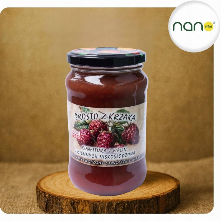 Szklany słoik 450 g Konfitury Dżem z Malin Jesiennych, niskosłodzonej, z wyraźną etykietą Prostozkrzaka.