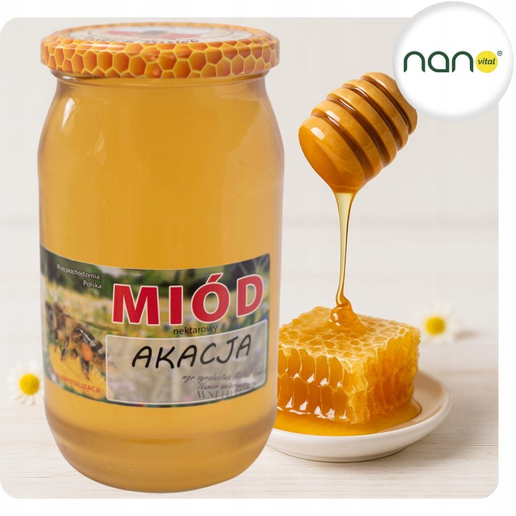 Duży szklany słoik 1100 g czystego miodu nektarowego akacja, naturalnego produktu pszczelego, z wyraźną etykietą.