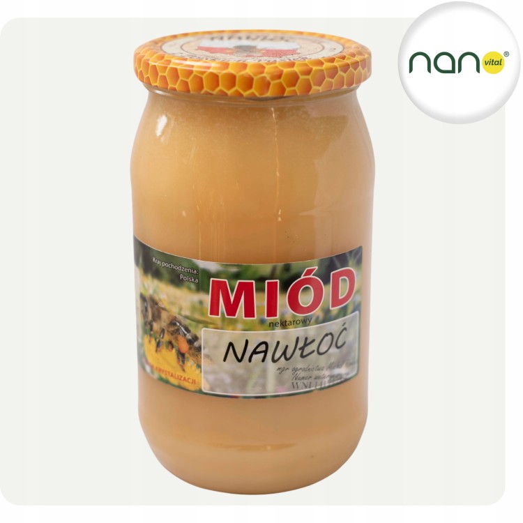 Naturalny miód nektarowy nawłociowy 1100g, produkt pszczeli, uniwersalny i wydajny, widoczny słoik.