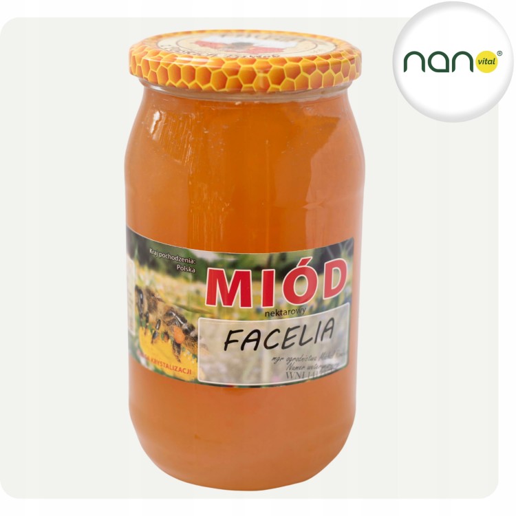 Naturalny miód nektarowy z facelii 1100g, produkt pszczeli, uniwersalny i wydajny, widoczny słoik.