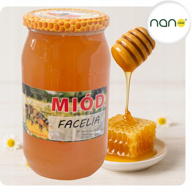 Duży szklany słoik 1100 g czystego miodu nektarowego facelia, naturalnego produktu pszczelego, z wyraźną etykietą.