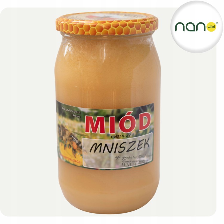 Naturalny miód nektarowy z mniszka 1100g, produkt pszczeli, uniwersalny i wydajny, widoczny słoik.
