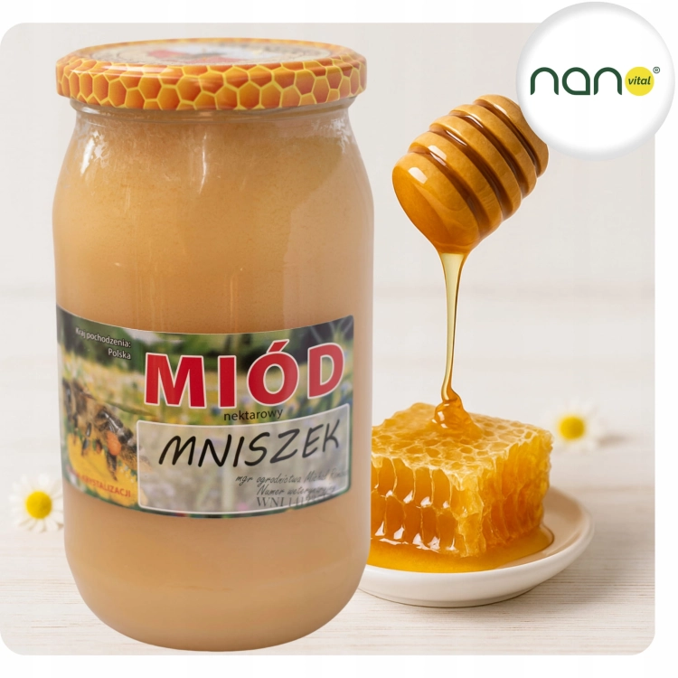 Duży szklany słoik 1100 g czystego miodu nektarowego mniszek, naturalnego produktu pszczelego, z wyraźną etykietą