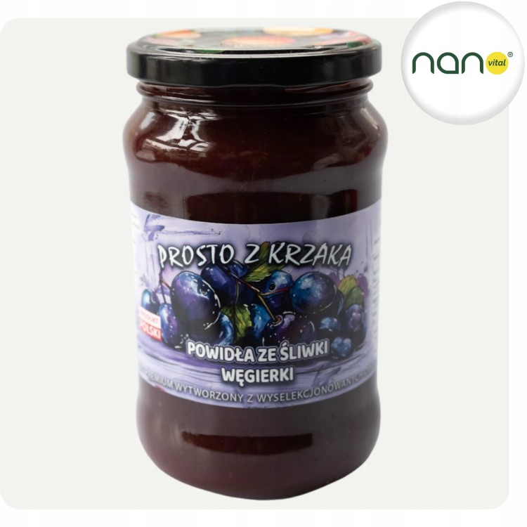 Niskosłodzony dżem ze śliwki węgierki 450g, konfitura z owoców z własnej plantacji, widoczny słoik.