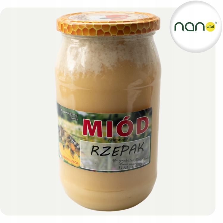 Naturalny miód nektarowy rzepakowy 1100g, produkt pszczeli, uniwersalny i wydajny, widoczny słoik.
