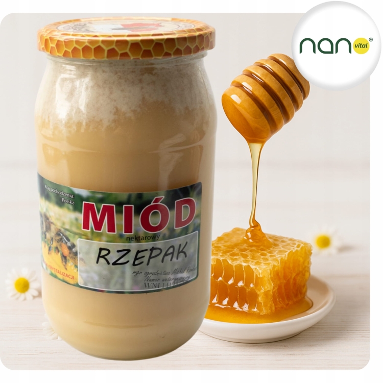 Duży szklany słoik 1100 g czystego miodu nektarowego rzepak, naturalnego produktu pszczelego, z wyraźną etykietą.