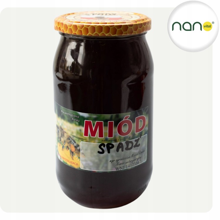 Naturalny miód nektarowo-spadziowy 1100g, produkt pszczeli, uniwersalny i wydajny, widoczny słoik.