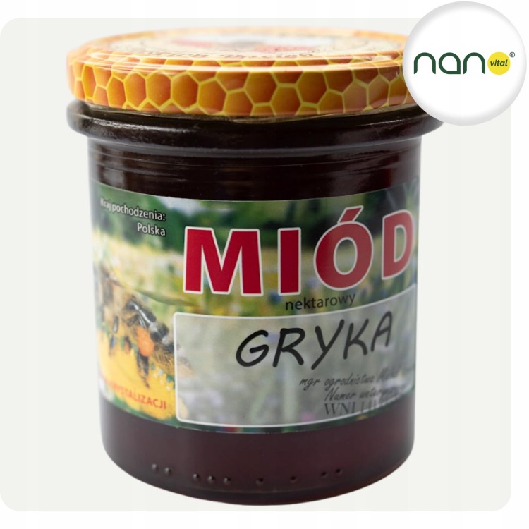 Naturalny miód nektarowy gryczany 420 g, produkt pszczeli, uniwersalny i wydajny, widoczny słoik.