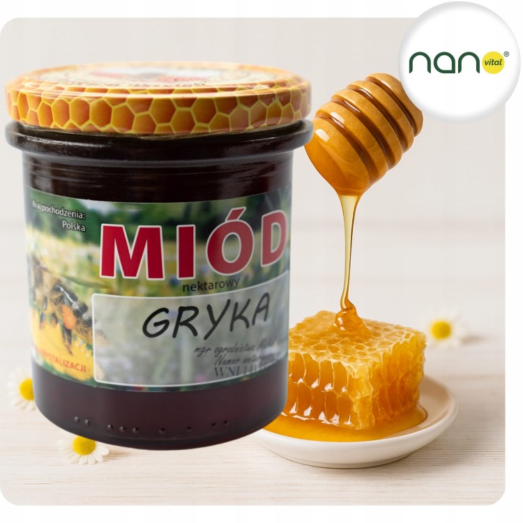 Szklany słoik 420 g czystego miodu nektarowego gryka, naturalnego produktu pszczelego, z wyraźną etykietą.