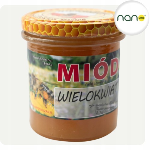 Naturalny miód nektarowy wielokwiatowy 420 g, produkt pszczeli, uniwersalny, widoczny słoik.