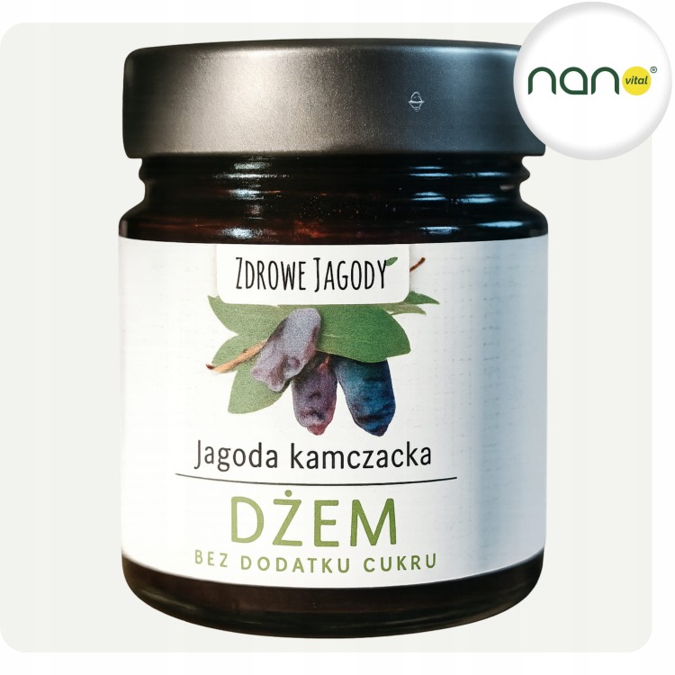 Zdrowy, niskosłodzony dżem 266 ml, z ekologicznych owoców jagody kamczackiej, widoczny słoik.