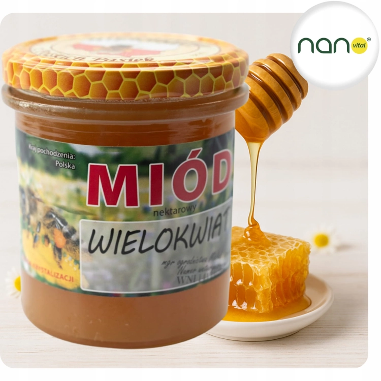 Duży szklany słoik 1100 g czystego miodu nektarowego wielokwiat, naturalnego produktu pszczelego, z wyraźną etykietą.