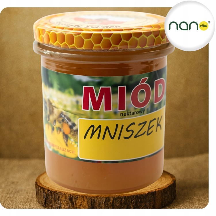 Szklany słoik 420 g czystego miodu nektarowego mniszek, naturalnego produktu pszczelego, z wyraźną etykietą.