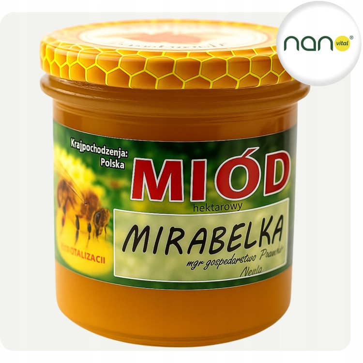 Naturalny miód nektarowy z mirabelki 420 g, produkt pszczeli, uniwersalny, widoczny słoik.