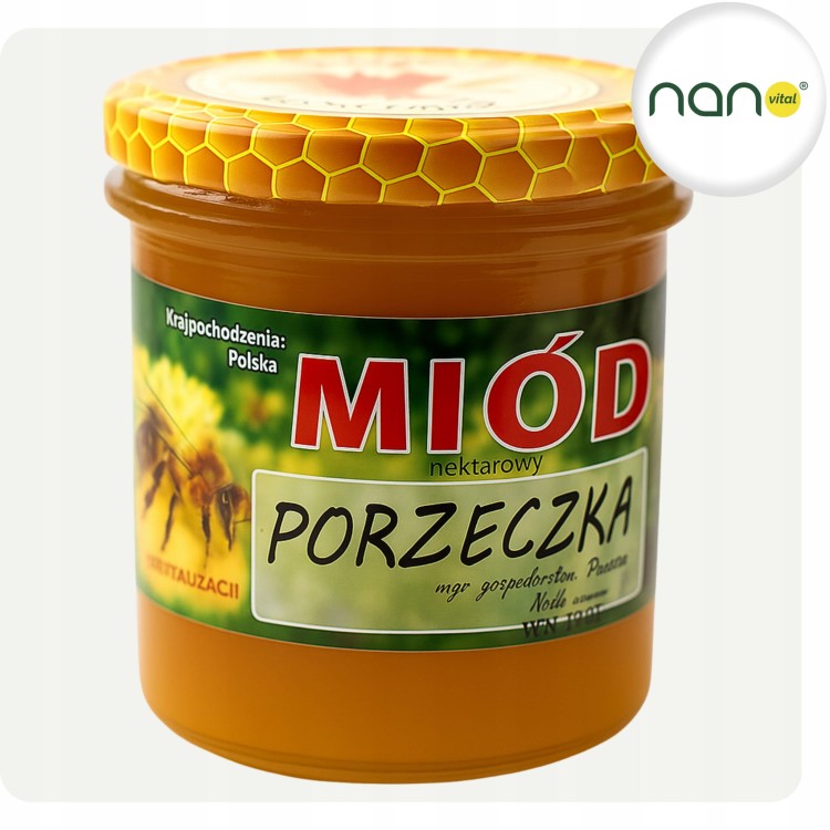 Naturalny miód nektarowy z porzeczki 420 g, produkt pszczeli, uniwersalny, widoczny słoik.