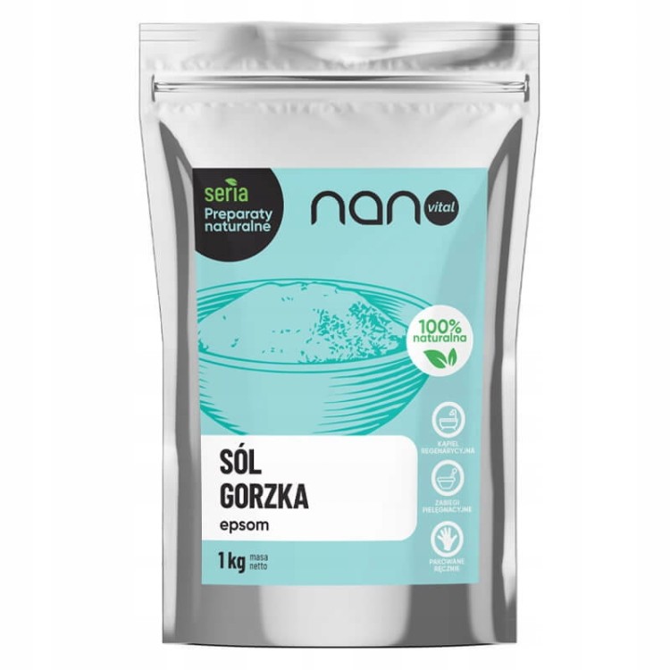 Naturalna Sól Angielska Rzymska Epsom Nanovital 1 kg w opakowaniu, idealna do relaksujących kąpieli.