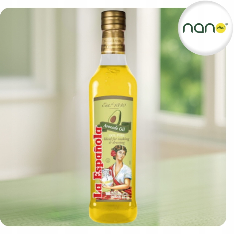 Szklana butelka 250 ml naturalnego oleju z awokado La Espanola, wydajny i zdrowy produkt do kuchni.