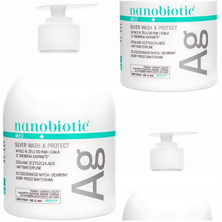 Antybakteryjne mydło w płynie 500 ml MED, ze srebrem koloidalnym, widoczne opakowanie z pompką.