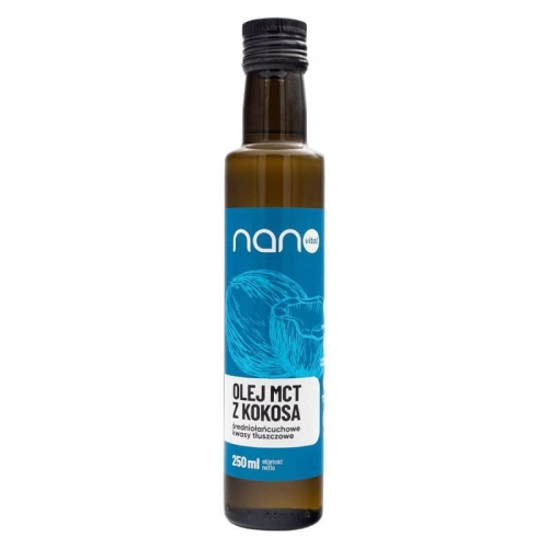Opakowanie Olej MCT C8 + C10 z Kokosa 250 ml Dieta Keto Energia Zdrowe Tłuszcze Nanovital.