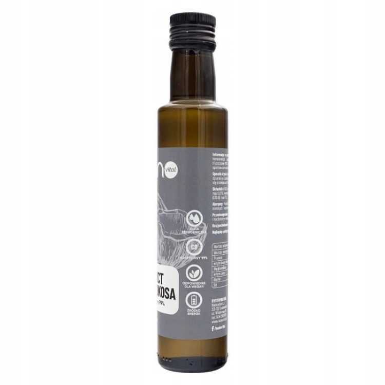 Ciemna butelka 500 ml Oleju MCT C8 Nanovital z kokosów, idealnego do diety keto, z czytelną etykietą.