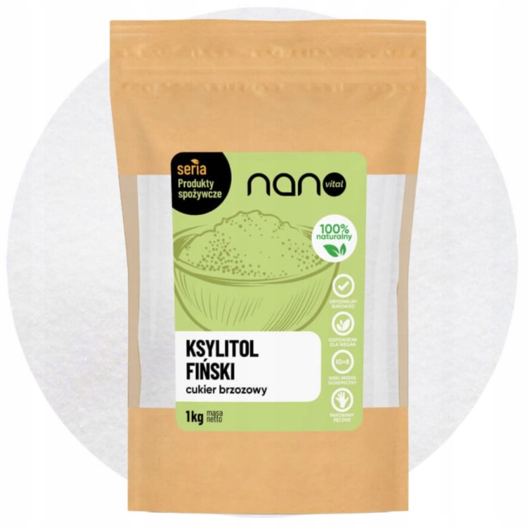 Oryginalny cukier brzozowy z Finlandii marki Nanovital 1 kg, duża paczka zdrowego słodzika.