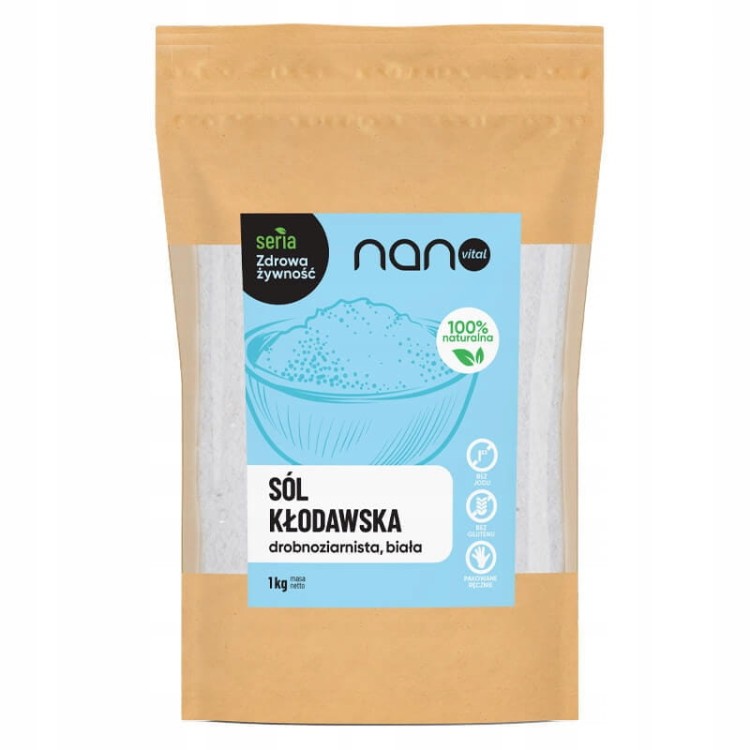 Woreczek 1 kg drobnoziarnistej soli kłodawskiej, naturalna sól niejodowana do przetworów i kuchni.