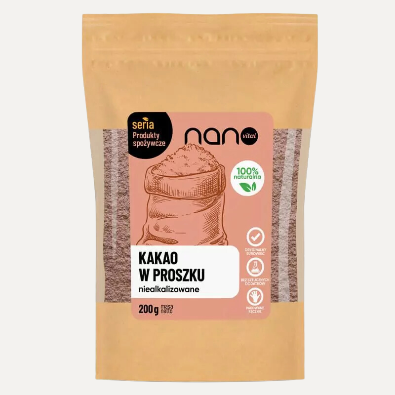 Kakao w Proszku Niealkalizowane Naturalne Nanovital 200 g